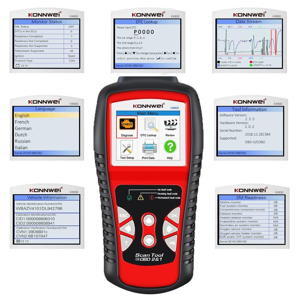 KONNWEI KW830 skaner OBD2, czytnik kodów OBD2, narzędzie diagnostyczne do samochodu z pełnymi funkcjami OBD2 i testerem akumulatora do odczytywania i usuwania kodów błędów pojazdu, obsługuje