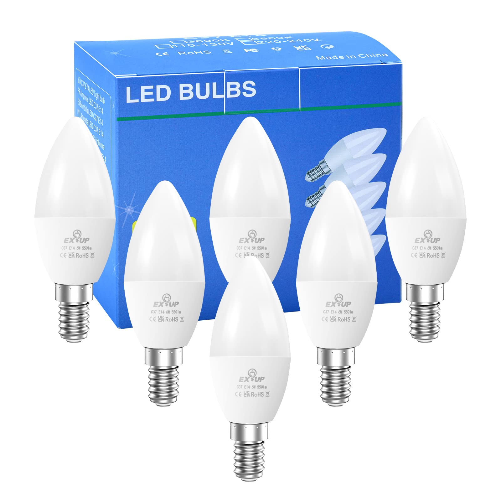 EX UP C37 E14 LED Bulb 6W 550LM Warm White 3000K, Non Dimmable Small SES Candle Light Bulbs, Flicker-Free 220-240V Energy Saving Lamp for Chandelier Ceiling Fan, Replace 50W 6PCS