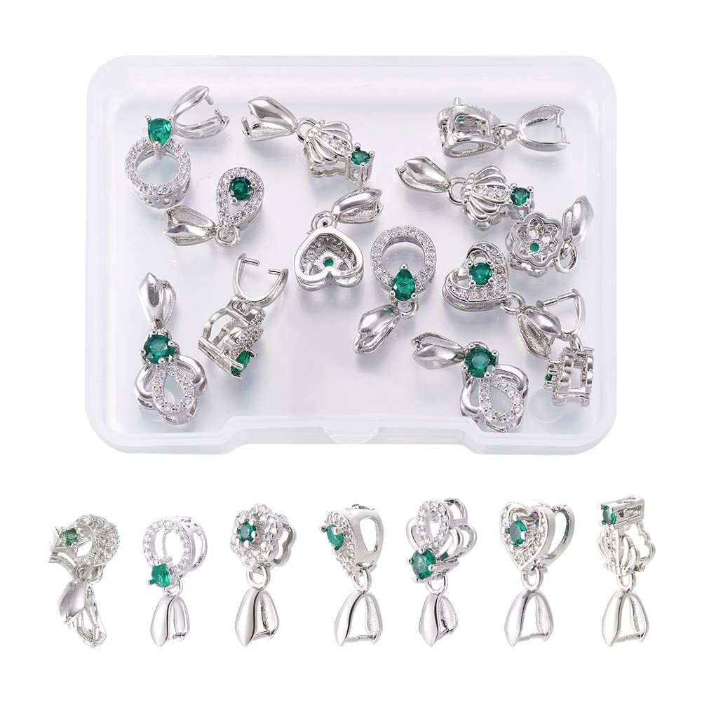 Craftdady 14Pcs Pinch Bails Ice Pick Pinch Bail Clear Emerald Color Sparkling Cubic Zirconia Paved Snap on Bail for Jewellery Necklace Making — image 1