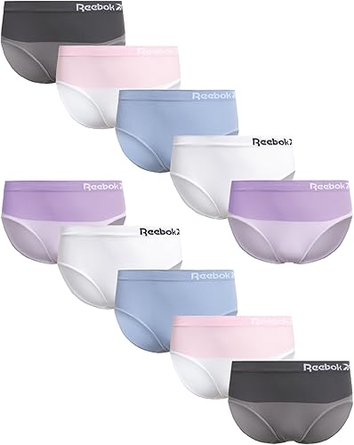 Reebok Ropa interior hipster para niñas, paquete de 10 unidades, suaves, sin costuras, elásticas, para niñas (tallas 6-16)