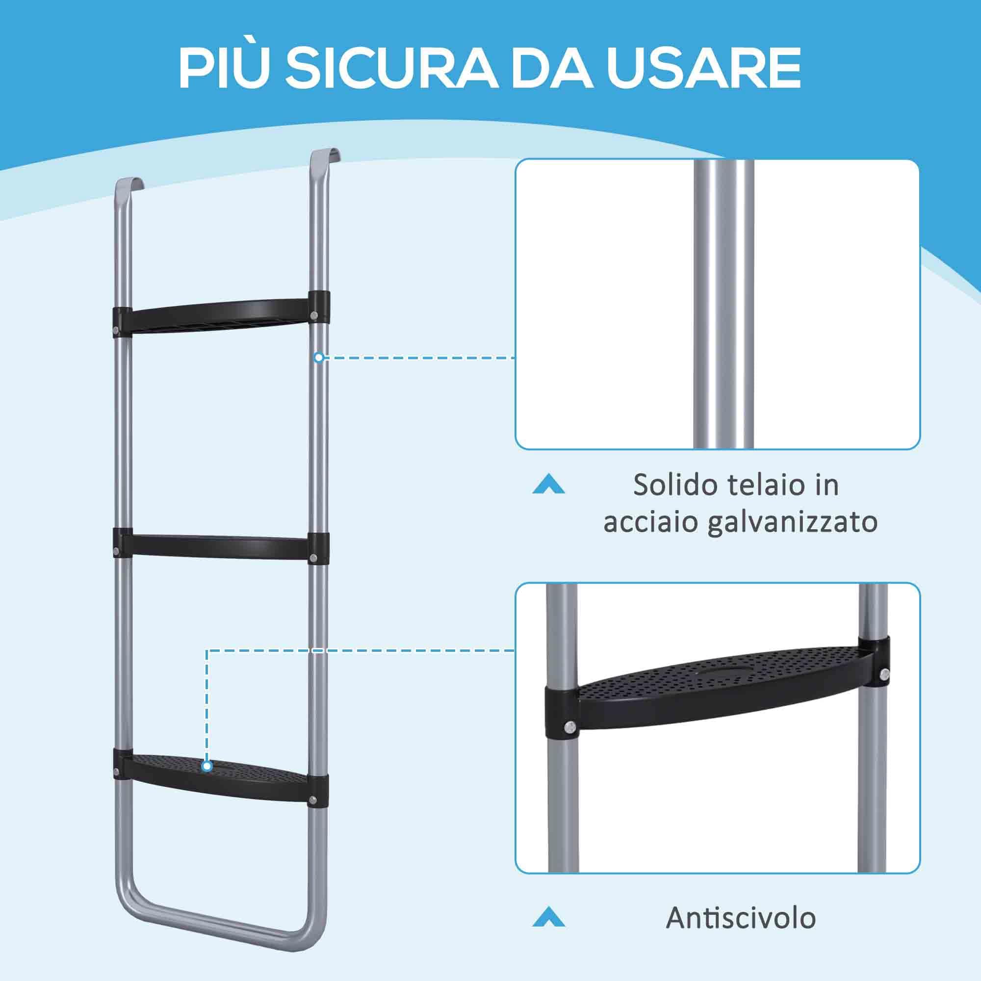 SPORTNOW Scaletta per Trampolino Elastico in Acciaio con 2 o 3 Scalini, Scala per Tappeto Elastico con Altezza Regolabile e Aggancio Universale, 97x32cm, Argento