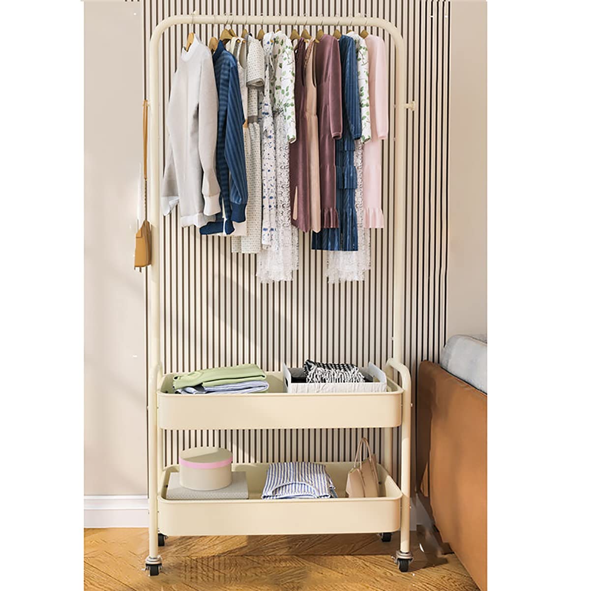 XDLEDMKIZ Stylish 360° Rolling Metal Coat Rack with Basket - Freestanding Clothes Stand for Coats, Shirts, and Skirts - Beige with Shelf for Entryway nization