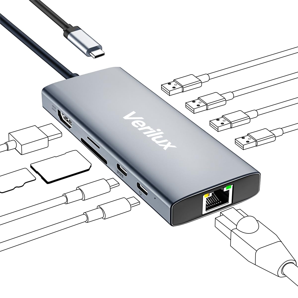 Verilux® Multiport USB C Hub 10 In 1 USB C Hub with 100Mbps Ethernet Port, 4K@60Hz HDMI SD/TF Card Slots, Supports 100W PD Fast Charging & 5 Gbps Data Transmisson Portable USB C Hub for PC, Laptop, PS-image-28