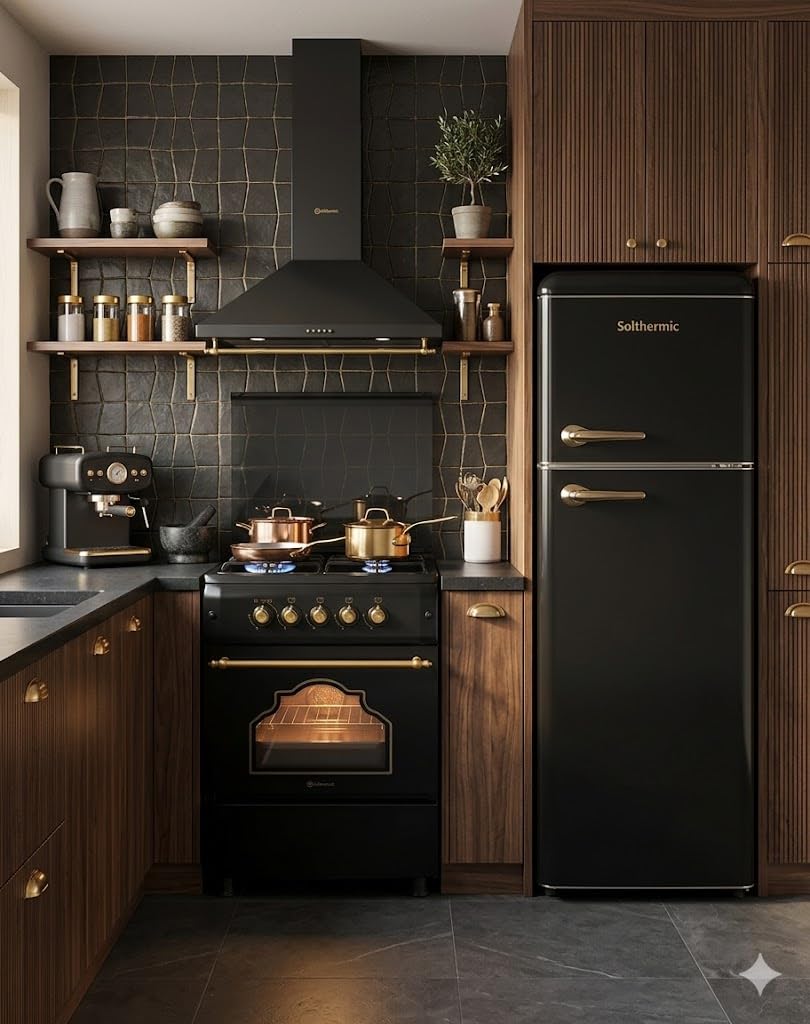 SOLTHERMIC PACK NEGRO RUSTICO ACABADOS DORADOS COCINA F6S40G2 GAS CON HORNO 4 FUEGOS + CAMPANA DECORATIVA 60 CM H60PR + FRIGO 2P RETRO a F2PR147N DE 1,47 cm alto x 55 ancho y 220L