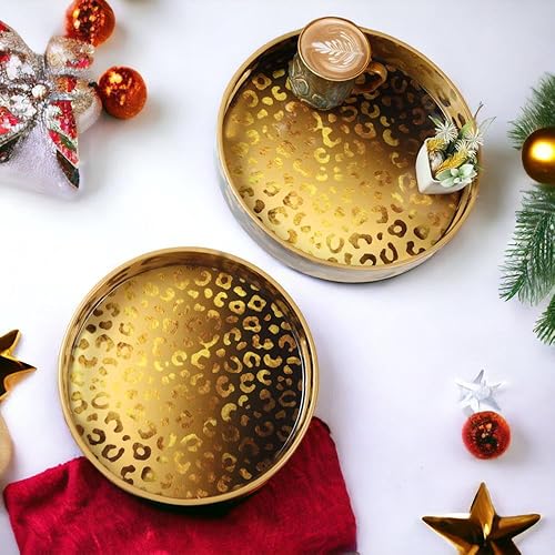 Miniatura 2 de Crocon Bandejas otomanas redondas de madera con asas, juego de 2 bandejas decorativas de granja para servir mesa de café, sala de estar, cocina,