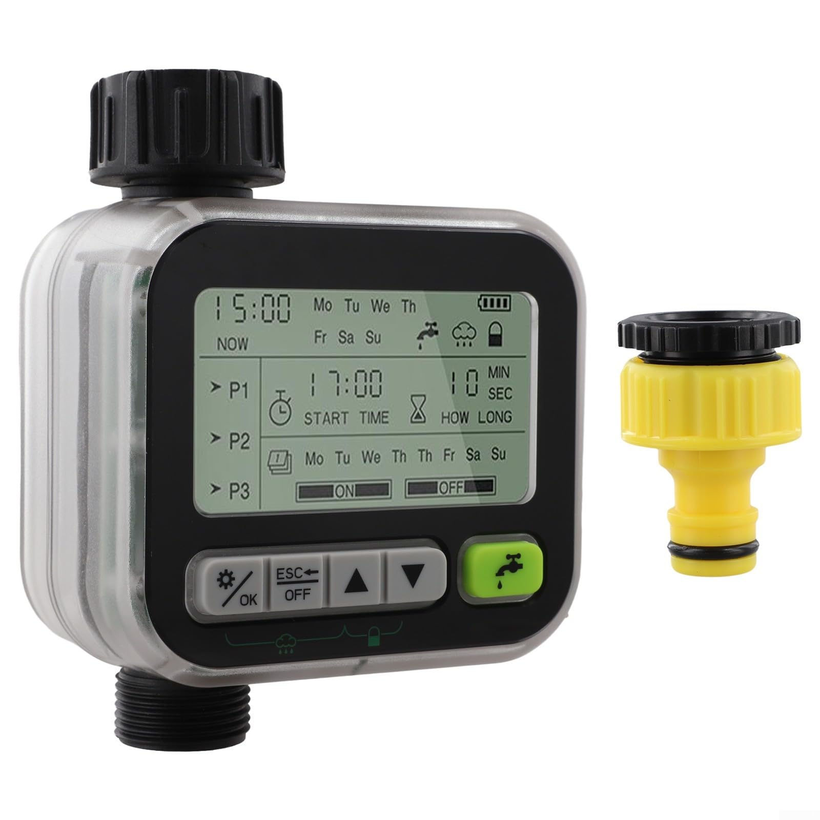 Rain Adaptive Hose Timer Specchio Display LCD Controller di irrigazione intelligente Blocco bambini Sensore pioggia IPX5 Programma di irrigazione flessibile Facile da usare Nero Trasparente 10,5 x 16