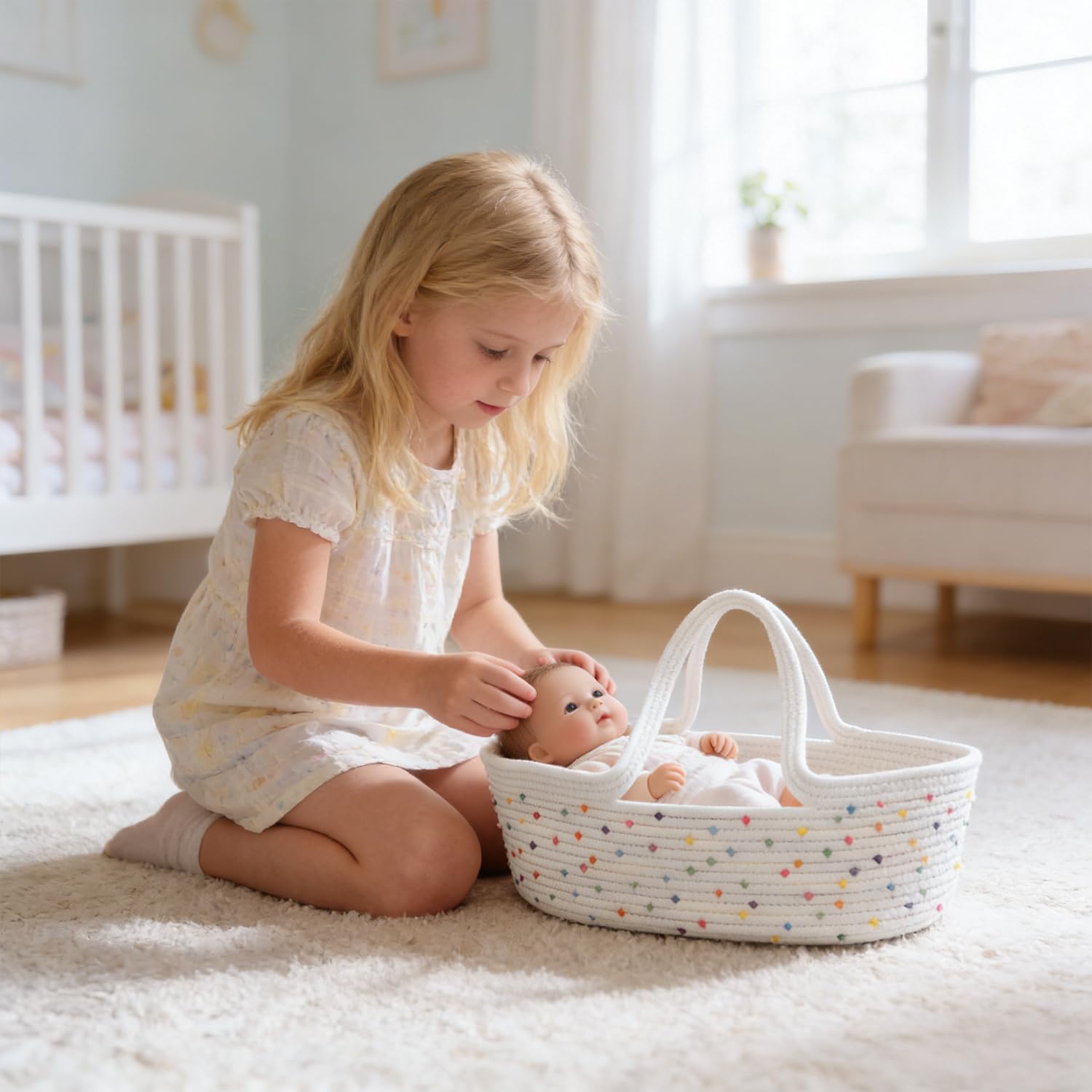 Pinky Reborn Rainbow Design Cotton Rope Reborn Doll Basket, Foldable With Handle, Decorative Storage For Kids’ Toys, Towels