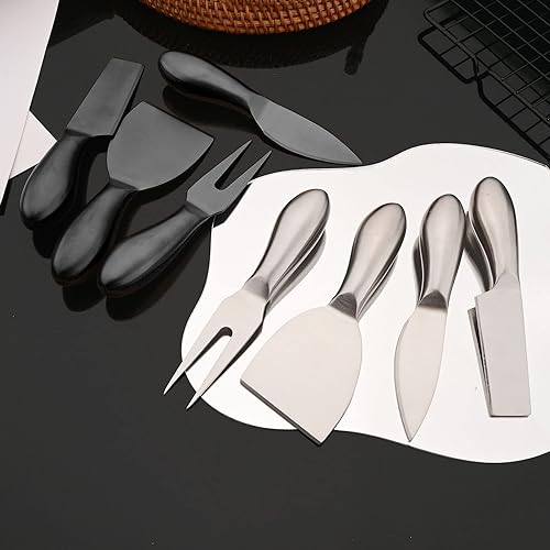 Miniatura 6 de JASHII Juego de 6 cuchillos de queso de acero inoxidable 304 de plata mate para rebanar cortar y untar mini tenedores de queso cuchillos de