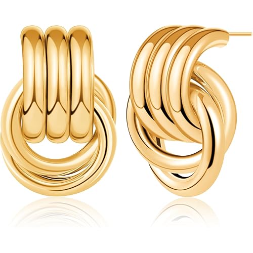 Chunky Gold Knot Earrings for Women, Statement Geometric Dangle Earrings, Trendy Gold Plated Earrings, Lightweight and Hypoallergenic
