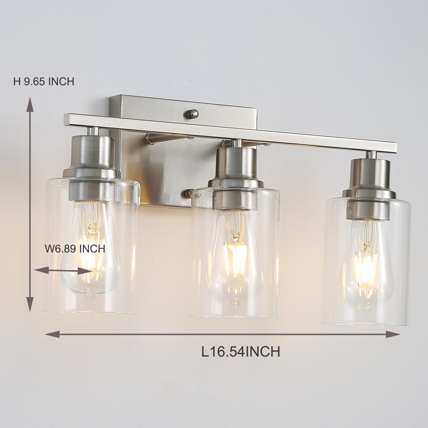 Brushed Nickel Wall Sconces,3-Lights Bathroom Vanity Light Fixtures with Clear Glass Shades, Farmhouse Modern Wall Lighting ​for Mirror,Bedroom,Living Room