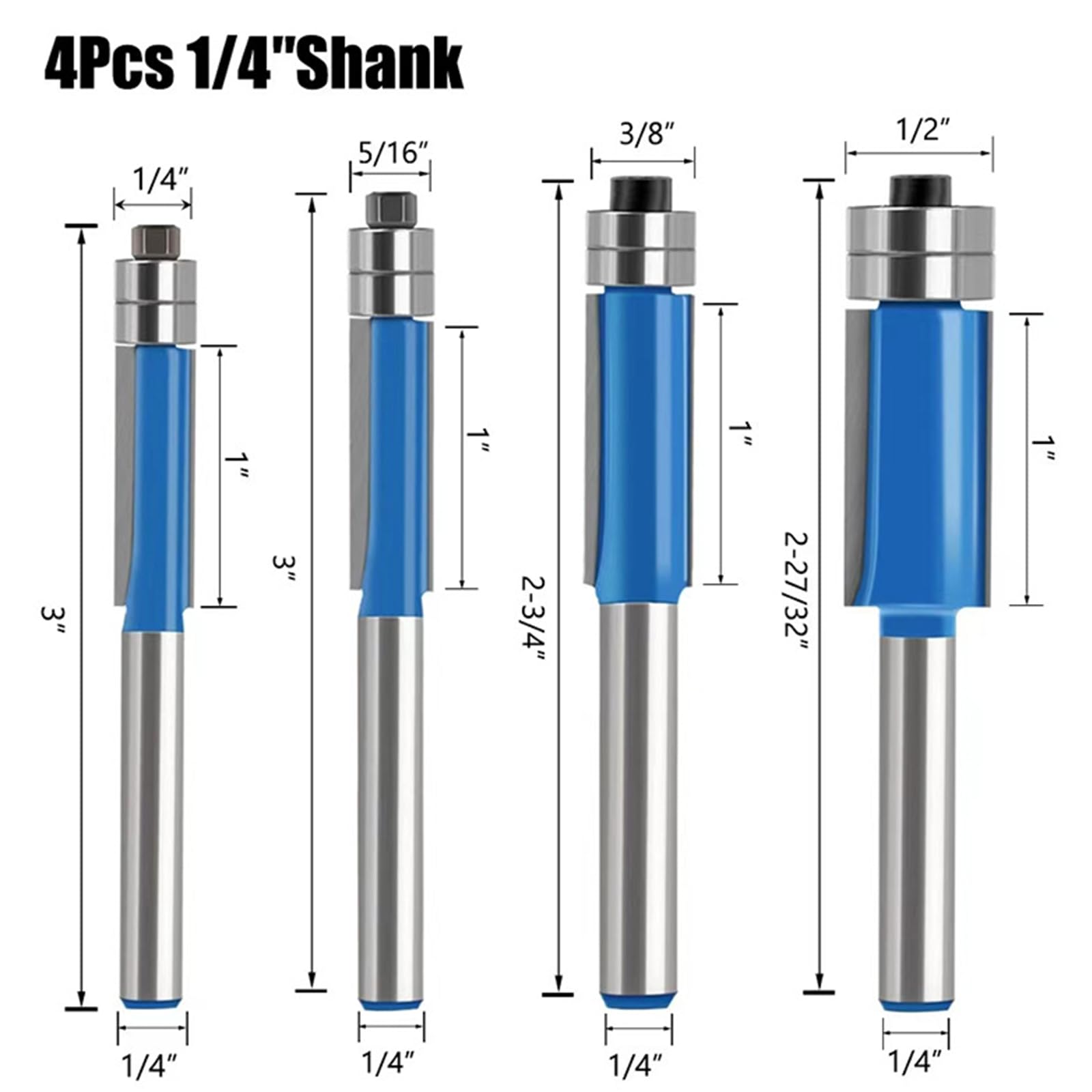 Router Bits 1/4 Shank, 4 Pcs Flush Trim Router Bit Set, Cutting Diameter 1/4", 5/16", 3/8", 1/2" - Image 2