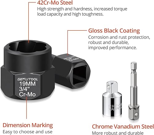 Miniatura 3 de GETLITOOL Juego de 17 herramientas extractoras de pernos de impacto, 42CR-MO Juego de removedor de pernos de impacto y tuercas con estuche de