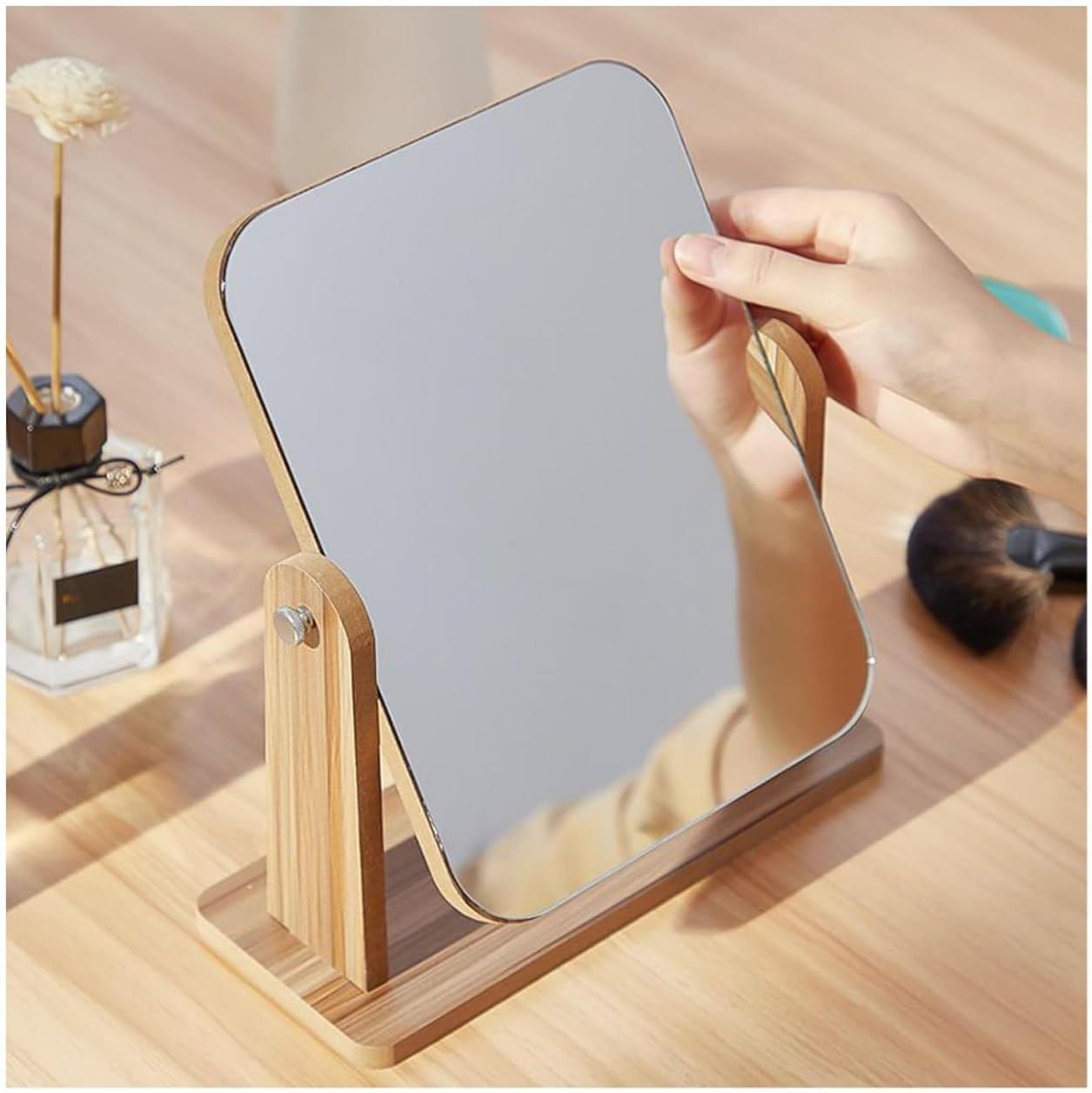 Wooden Desk Square Makeup Mirror - 360 Degree Rotatable, Eco-Friendly Cosmetic Mirror With Adjustable Wooden Stand | Compact Vanity Mirror For Bedroom & Dressing Table,Tabletop