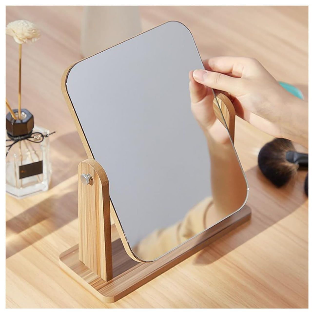 BYKOINE Wooden Desk Square Makeup Mirror - 360 Degree Rotatable, Eco-Friendly Cosmetic Mirror with Adjustable Wooden Stand | Compact Vanity Mirror for Bedroom & Dressing Table
