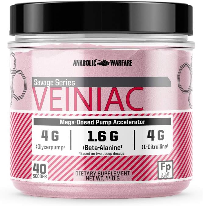 Anabolic Warfare Veiniac Muscle Pump Activator Supplement Stimulant Free Pre-Workout with L-Citrulline, Betaine Anhydrous, & Added AGMass , Supports Nitric Oxide*, Fruit Punch 20 Servings