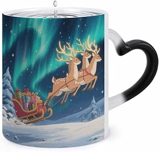 Color Changing Mug, Novelty Coffee Magic Cup, Aurora Reindeer Team | Heat Sensitive Coffee Mug, Heart Shape Handle, Ceramic Tea Cup, Surprise Color Changing Design Mugs for Birthday, Christmas