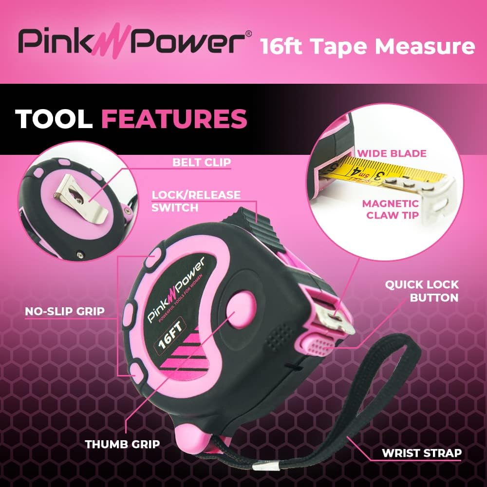 Pink Power - Cinta métrica de 4,9 m, cinta métrica rosa para mujer, con cuchilla retráctil y botón de bloqueo, cinta métrica para niñas para herramientas rosas