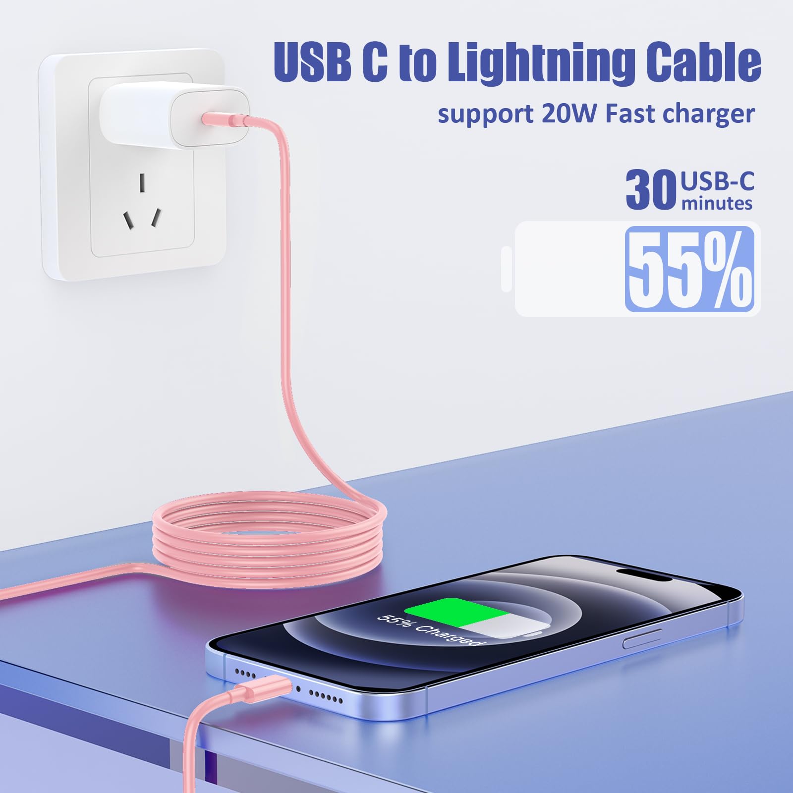 4Pack USB C to Lightning Cable 6FT, Fast Charging Cord for iPhone 14, Replacement for Apple Original Charger Cable for iPhone 14 13 12 11 Pro 11 XS MAX XR 8 7 6s Plus-Pink