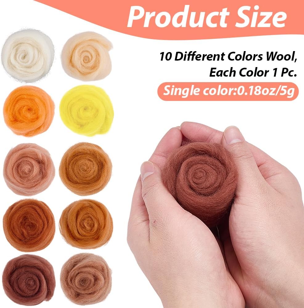 CRASPIRE 50G 10 Colors Needle Felting Wool Nature Wool Roving Yarn Brown Collection Chunky Handmade Fiber Weaving Khaki White for Beginners Hand Spinning Felting Supplies Art DIY Craft