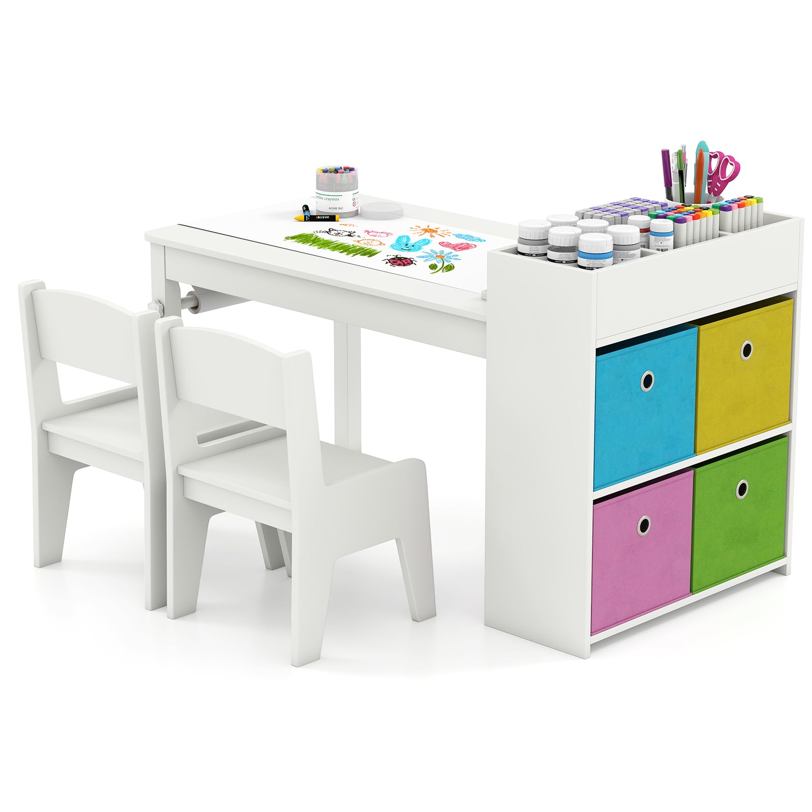GYMAX Kids Table and Chairs Set, Wooden Children Art Desk with Paper Roll, 4 Fabric Bins&Storage Shelves, 3 in 1 Toddler Activity Table Set for Drawing Writing Learning,100x50x58cm (White)