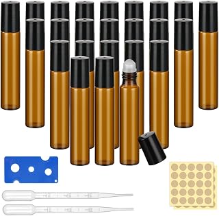 Roll On Essential Oil Glass Bottles, 24pcs 10ml Mini Amber Rollon Bottles, Including Bottle Openers, Stickers, Pipettes, for Essential Oils, Perfumes, Liquids