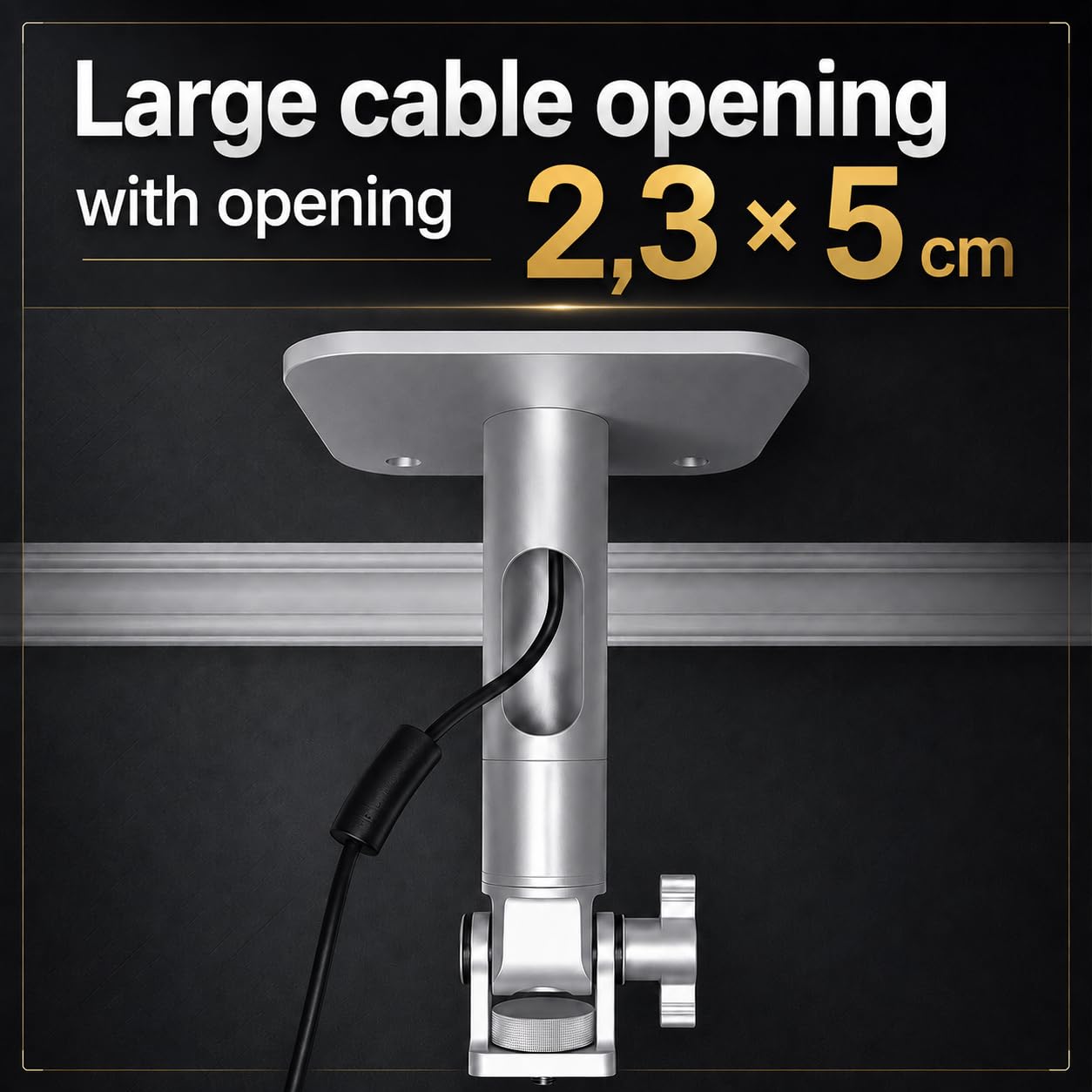 Soporte de techo y pared para proyector – Soporte universal, carga 10 kg, ajustable 11-51 cm, rosca 1/4", aluminio Al6063, rotación 360°, cable oculto, plateado