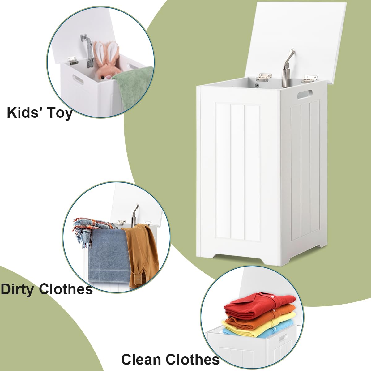 HOMASIS 35L/28L Secchio per Lavanderia da Bagno, Cesto Portabiancheria con Coperchio in Legno, Cesta Panni Sporchi Salvaspazio per il Bucato, 30 x 30 x 61 cm, Bianco (Modello 2, con Tasca)
