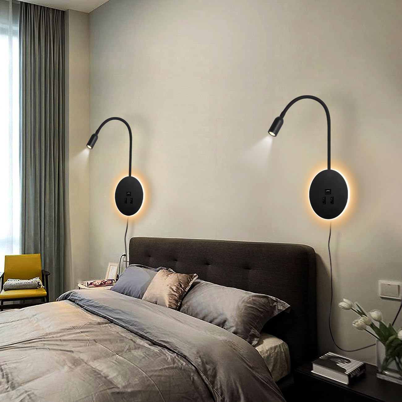 Applique murale LED,Col de Cygne Lumière, liseuse de chevet avec interrupteur, port de charge USB, éclairage d'ambiance de chambre à coucher Spot réglable (3W 3000K+8W 6000K) avec prise,Noir