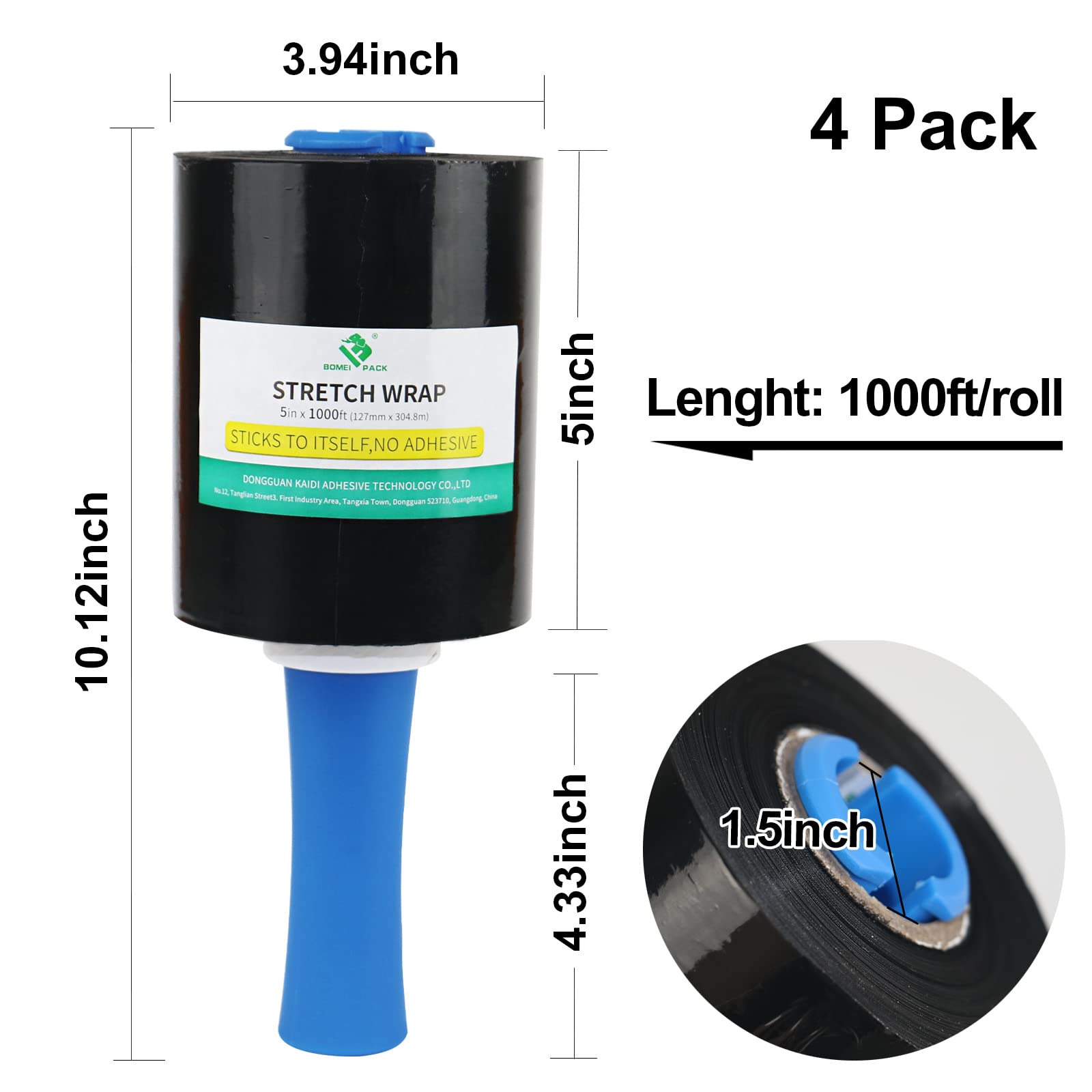 Paquete de 4 mini paletas estirables película retráctil negra con mango rodante de 20 mic* 130 mm* 305 m, prácticos rollos de recarga retráctil, proveedor de embalaje móvil de la industria-BOMEI PACK