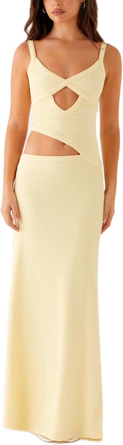 LILTWIST Y2k Cut Out Backless Dresses for Women Spaghetti Strap Bodycon Party Maxi Dress V-Neck Backless Cocktail Long Dress