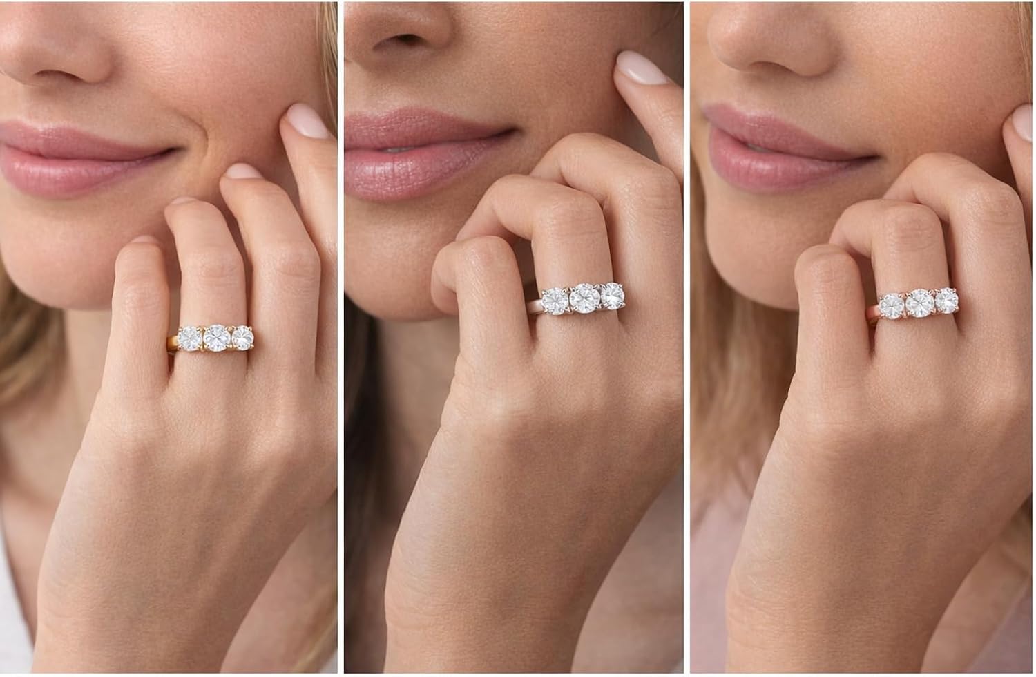 Mauli Jewels 1 Carat Three Stone Diamond Ring for Women Round Cut Engagement Ring 14K Rose Gold White Gold Yellow Gold 3 Stone Wedding Promise Ring