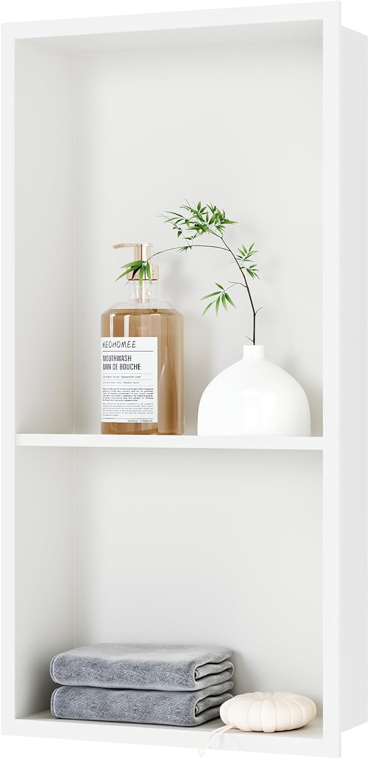 Neodrain White Shower Niche Insert Tile Ready, Stainless Steel Wall Niche 25.1"X13.1"(Inner Size 24"X12"), Two-Tier Bathroom recessed Shower Cabinet, NO Tile Needed for Shower Wall