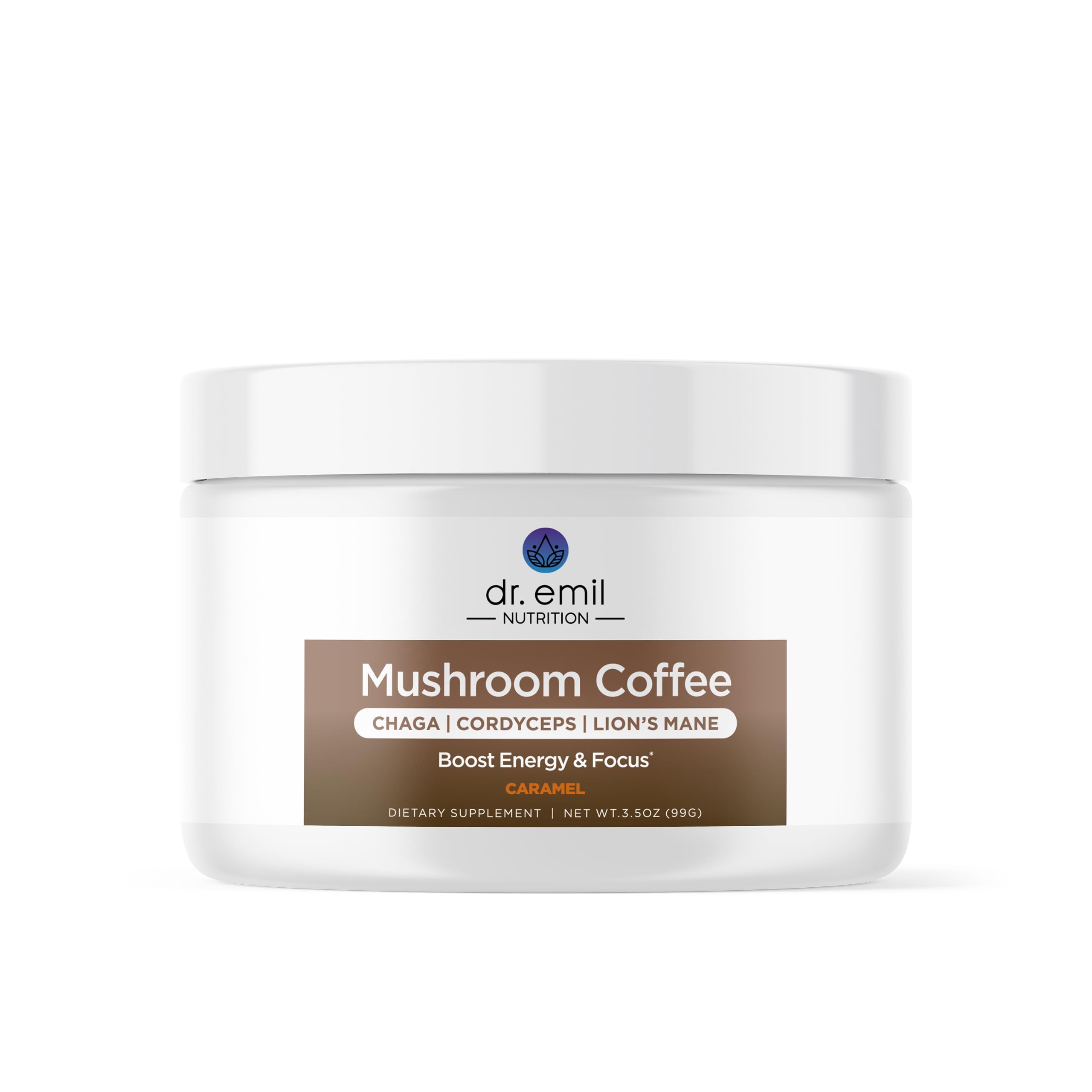 Dr. Emil Mushroom Coffee for Focus & Energy - Instant Coffee with Lions Mane, Chaga & Cordyceps - Delicious Caramel Flavor & Potent Mushroom Powder