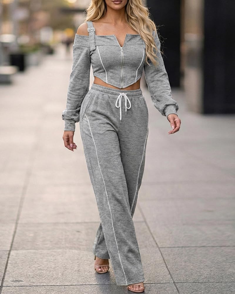 CHICME Two Pieces Sets for Women Spring Cold Shoulder Long Sleeve Tops Wide Leg Pants Matching Lounge Sets Airport Outfit - Image 3