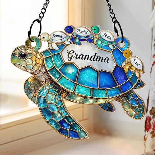 WANDER PRINTS Personalized Window Hanging Suncatcher Ornament - Turtle Stained Glass Decor for Mom Grandma, Custom Name Family Keepsake, Ocean Theme Home Decoration - Turtle Stained Glass Mom Grandma
