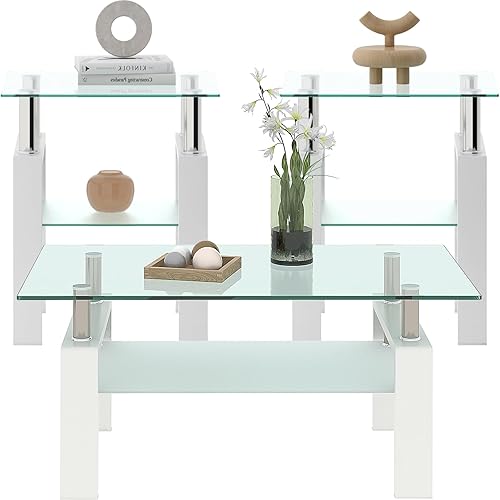 Juego de 3 mesas de centro de vidrio templado, juego de 3 piezas, mesa de centro de cristal blanco y juegos de mesa auxiliar