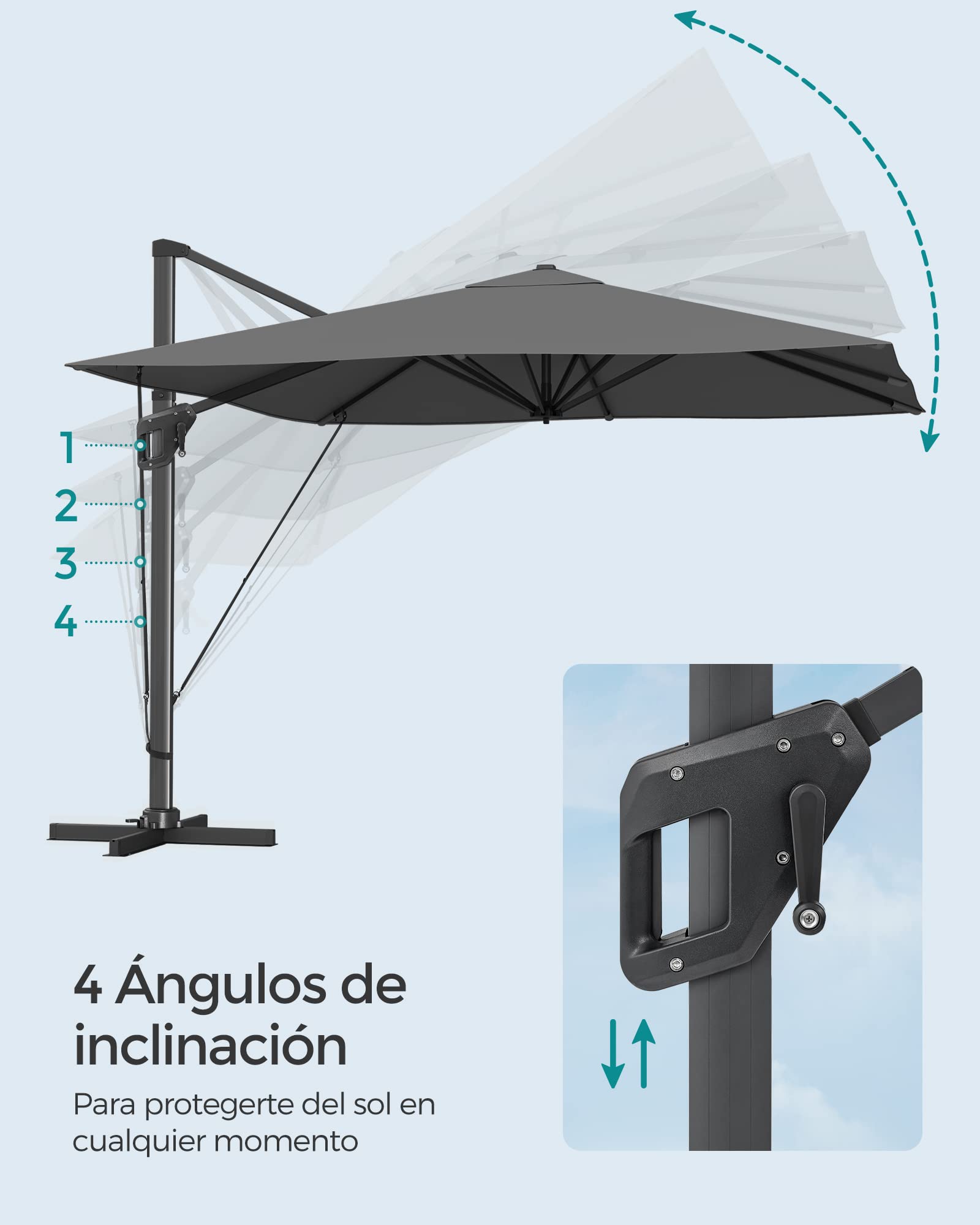 SONGMICS Sombrilla de Jardín de 290 x 290 c, Parasol Excéntrico, UPF 50+, Giratorio 360°, Inclinación Ajustable, con Base en Cruz, Correa de Sujeción y Funda, Gris GPU039G01