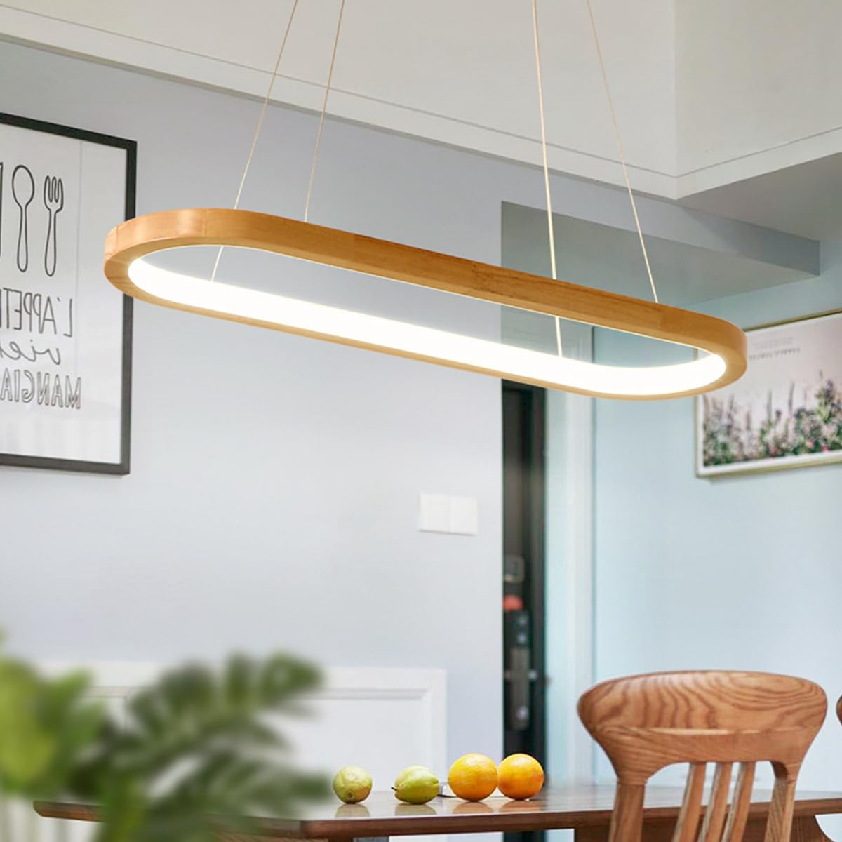 Granestner Modern Oval LED Pendant Lamp for Dining Table - Height Adjustable, Dimmable with Remote Control, Wood Chaner Design for Dining Room, Living Room, Kitchen, Office