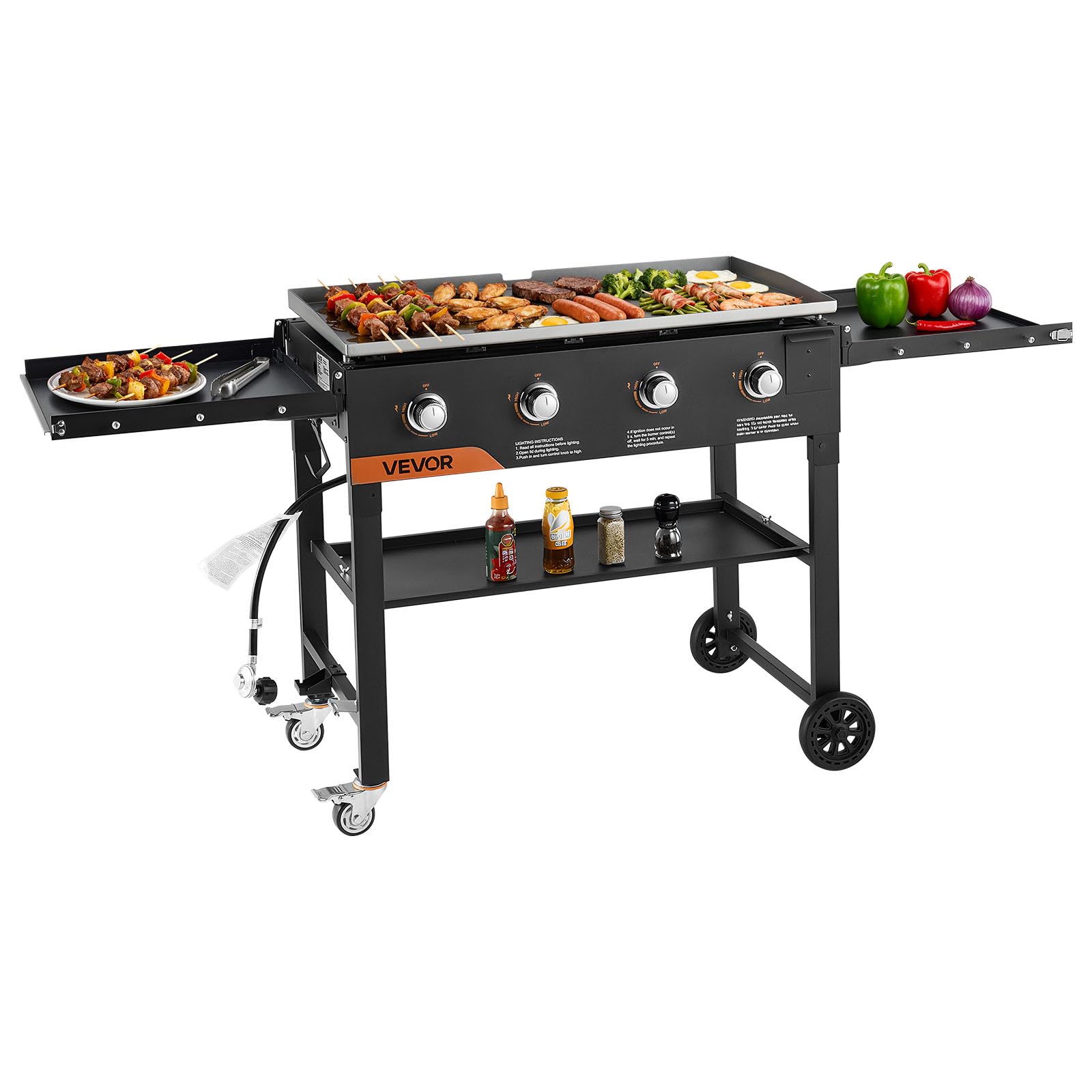 VEVOR Gas Griddle, 4-Burner Flat Top Grill, 36 inch Grill Plate Foldable Propane Griddle with Wheels, 60000 BTU Outdoor Flat Top Grills for Pan-Frying