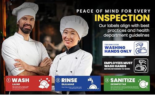 [Enhanced] Wash Rinse Sanitize Sink Labels, Hand Wash Only, and Employee Must Wash Hands | 3 Compartment Sink Stickers | Training Labels for Dishwashing | Food Service Operators (1 Set: 6 x 2 in) - Thumbnail 4