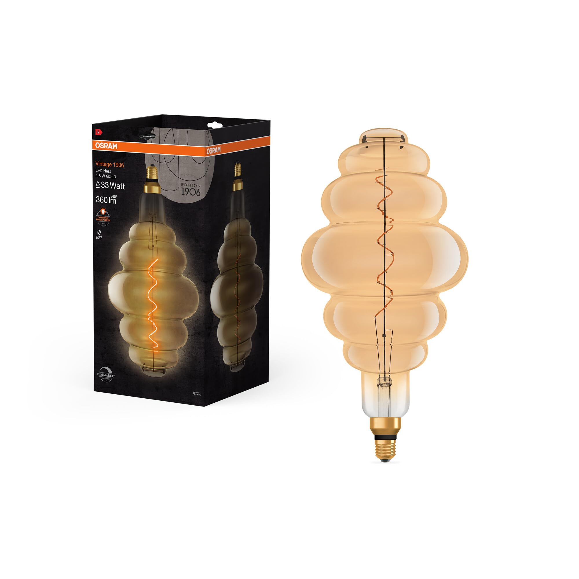 OSRAM Vintage 1906 Gold Tinted LED lamp, 4.8W, 360lm, Beehive Shape with 200mm Diameter & E27 Base, Warm White Light, dimmable Filament, Life of up to 15,000 Hours