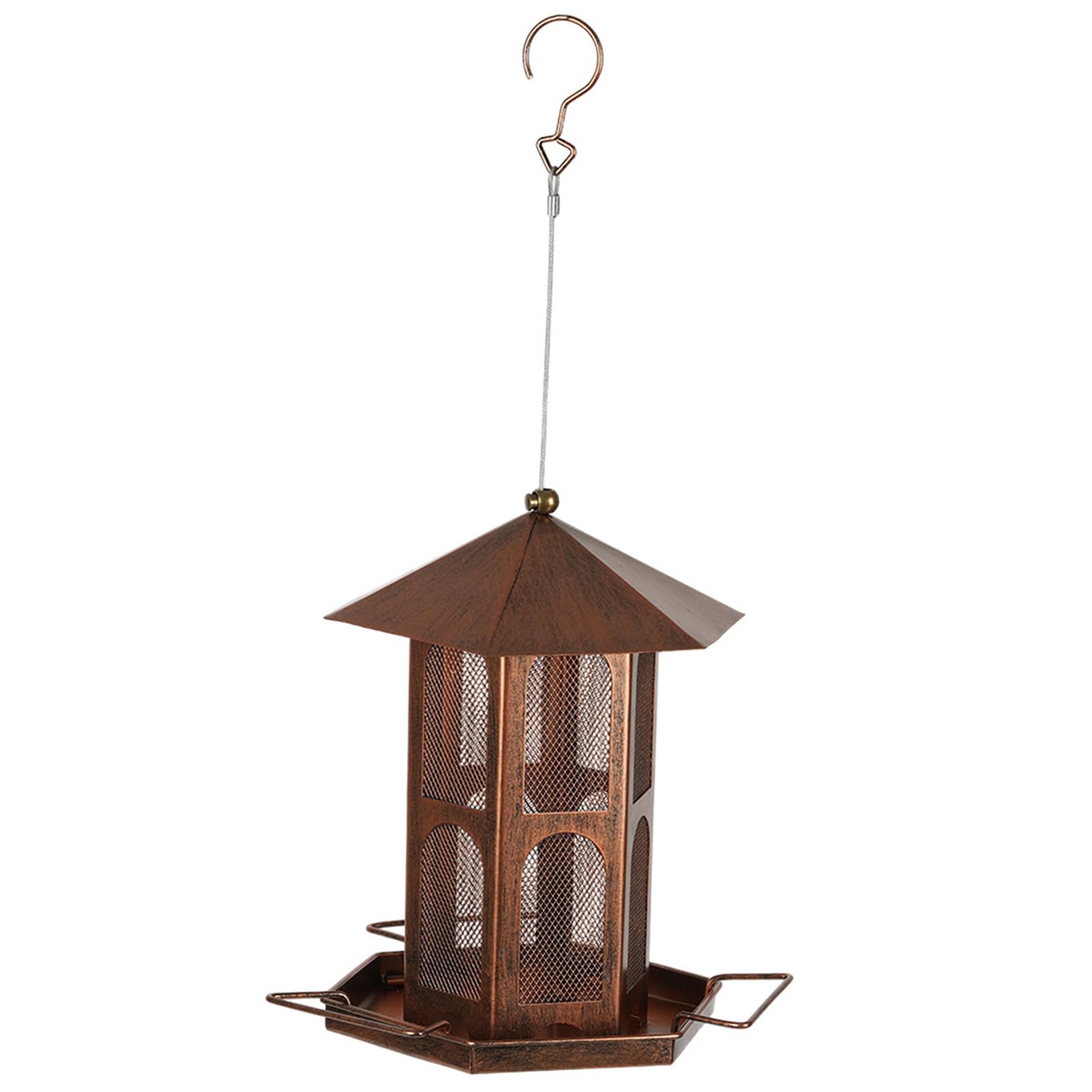 Mangiatoia per uccelli in rete per l ' alimentazione degli uccelli selvatici, supporto per alimenti sospeso con tetto e vassoio per trespolo per alberi da giardino o da patio, 19 cm / 7, 48 X 25
