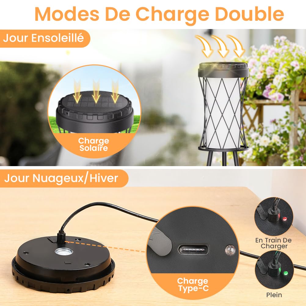 OUSFOT Lampe Solaire Exterieur avec USB sur Pied, Étanche Eclairage Exterieur Solaire, lampadaire pour Terrasse Jardin