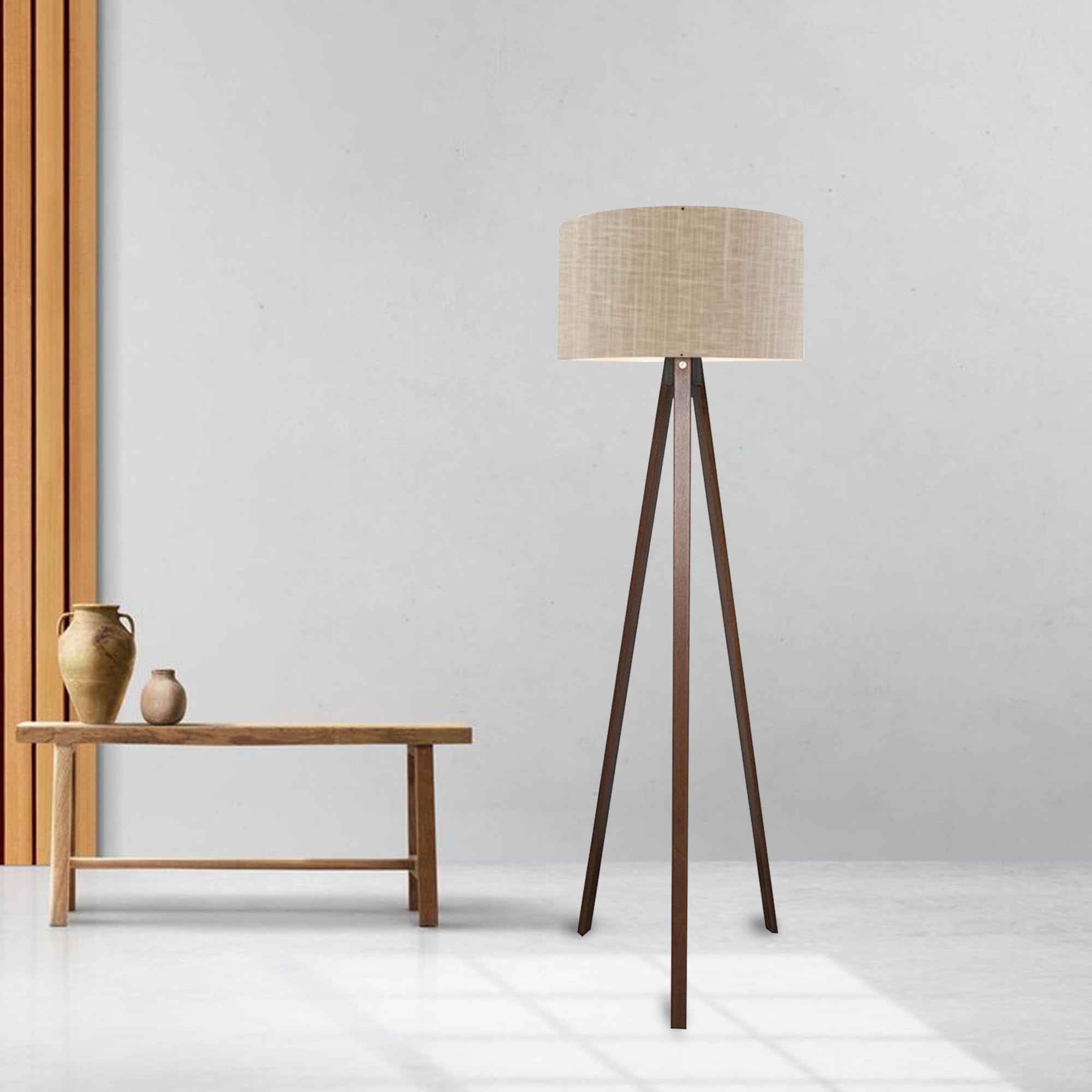 lux.pro Lampadaire Trépied Style Intemporel Lampe sur Pied Élégante LED Luminaire Design pour Salon Chambre Bureau Lampe de Lecture E27 MDF PVC Tissu Hauteur 140 cm Effet Bois Marron Clair