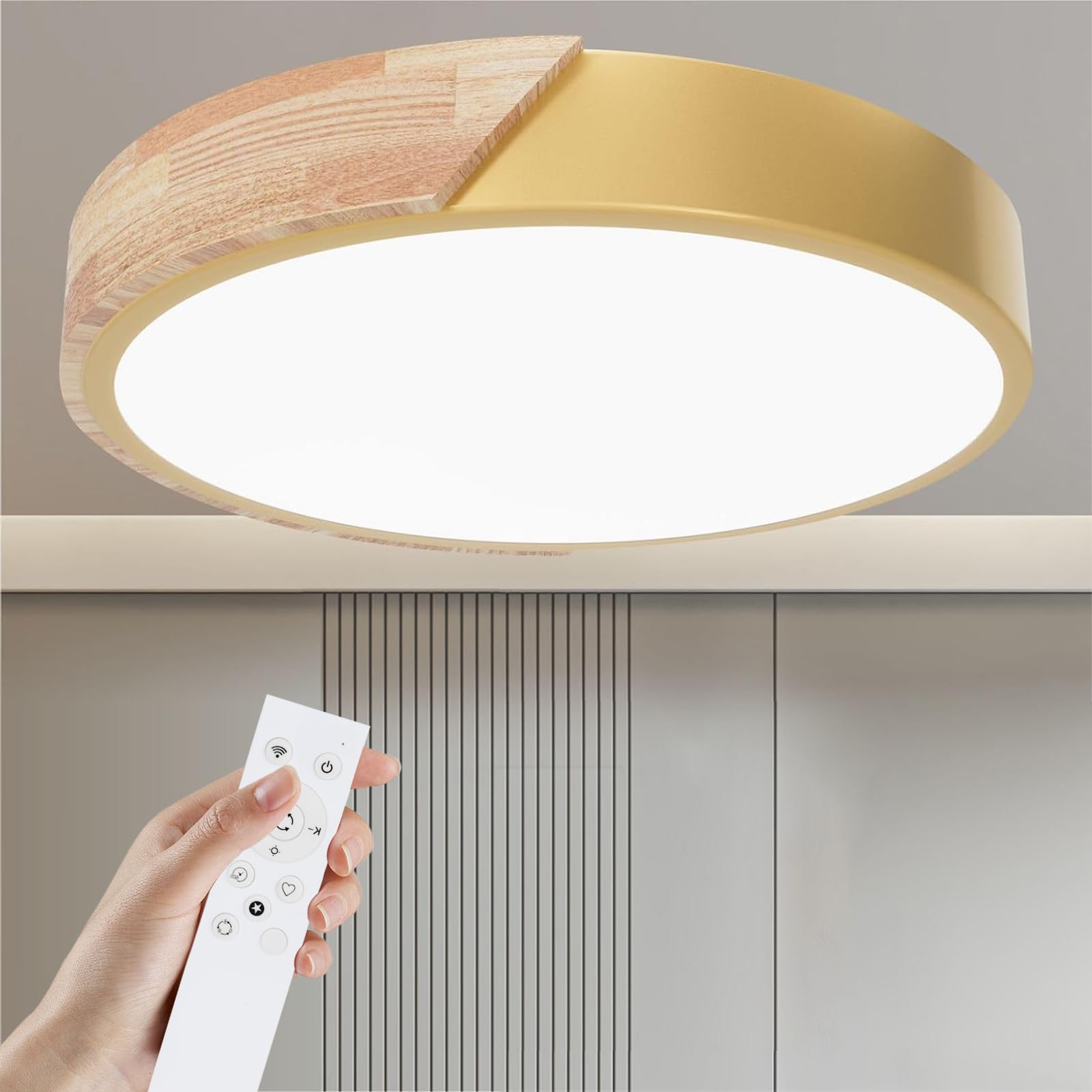 Yexati Lámpara de Techo Regulable,24W Plafon LED Techo con Mando a Distancia,3000K-6000K,Lampara LED Techo Modernos de Madera,Dorado