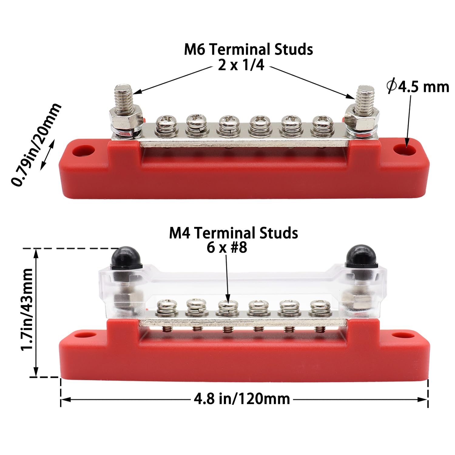 48V Bus Bar 150A Power Distribution Block, 48 Volt Busbars 6 x #8 (M8) Terminal Studs Positive & Negative for Car, Marine, Solar Systems