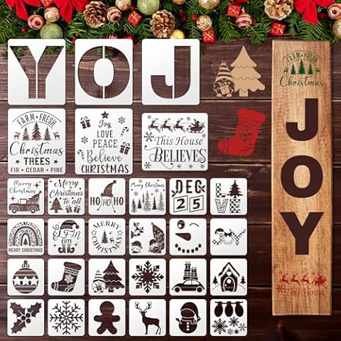 Christmas Stencils for Painting, Holiday Stencils Merry Christmas Xmas Templates Let It Snow Templates for Porch Door Home Decor Tiered Tray Coffee Latte Gift Tags Decor Cover