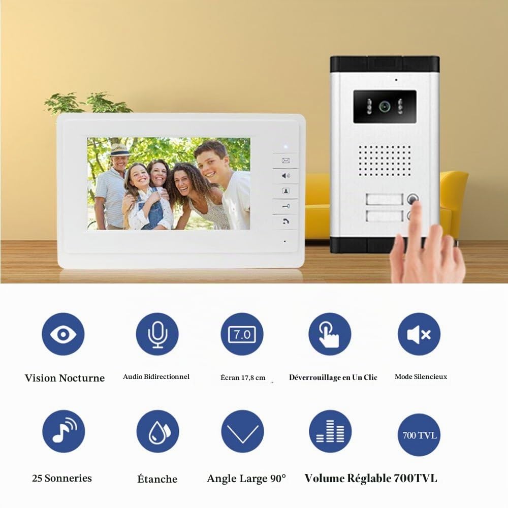 LIBO 7 Pouces Système de téléphone de Porte Sonnette vidéo Filaire 2 moniteurs avec 1 caméra Vision Nocturne IR 800 x 480, Control 2 Maison pour Multi Appartement/Familles