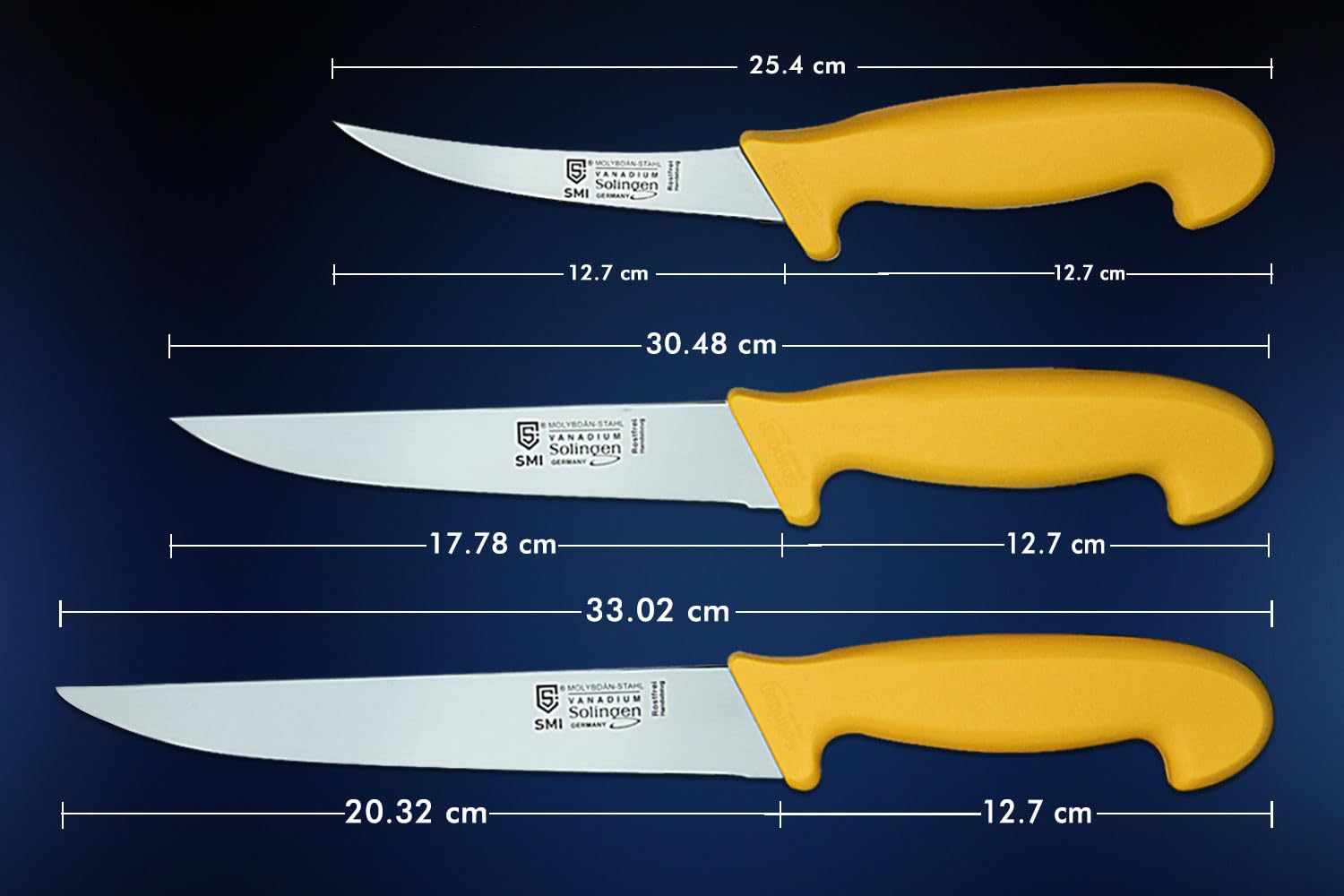 SMI Solingen Set di 3 coltelli da cucina in acciaio al molibdeno tedesco 1.4116 | Coltello da disosso, coltello da macellaio e coltello da chef | Prodotto in Germania