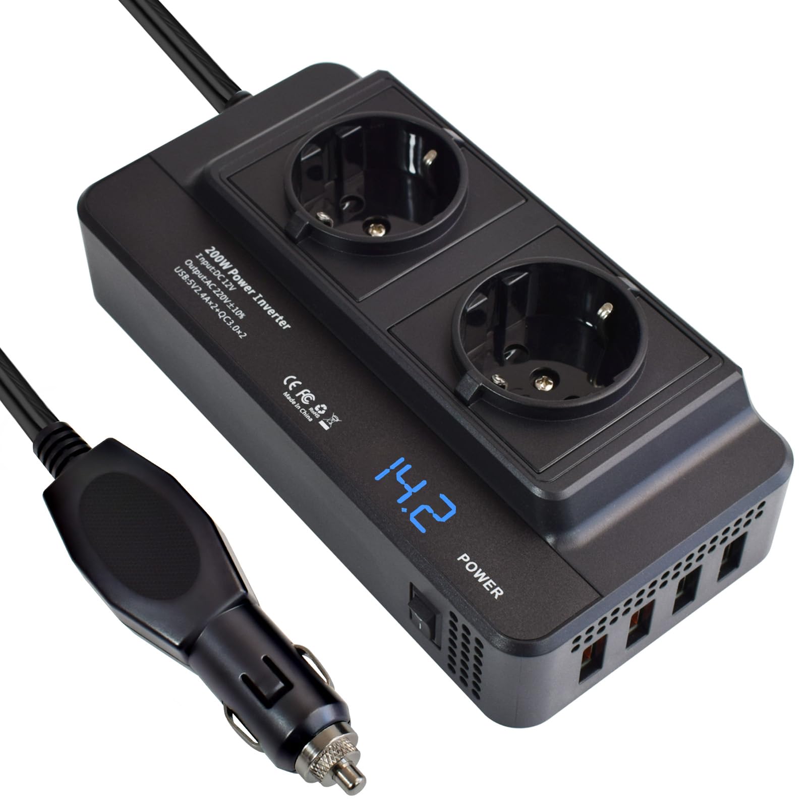 200W Inverter 12V a 220V Convertitore Potenza Onda Modificata - Ricarica Rapida, Protezione Multipla, 2 Prese CA, 4 Porte USB, Display Digitale per Auto, Camper, Campeggio, Lavoro in Movimento